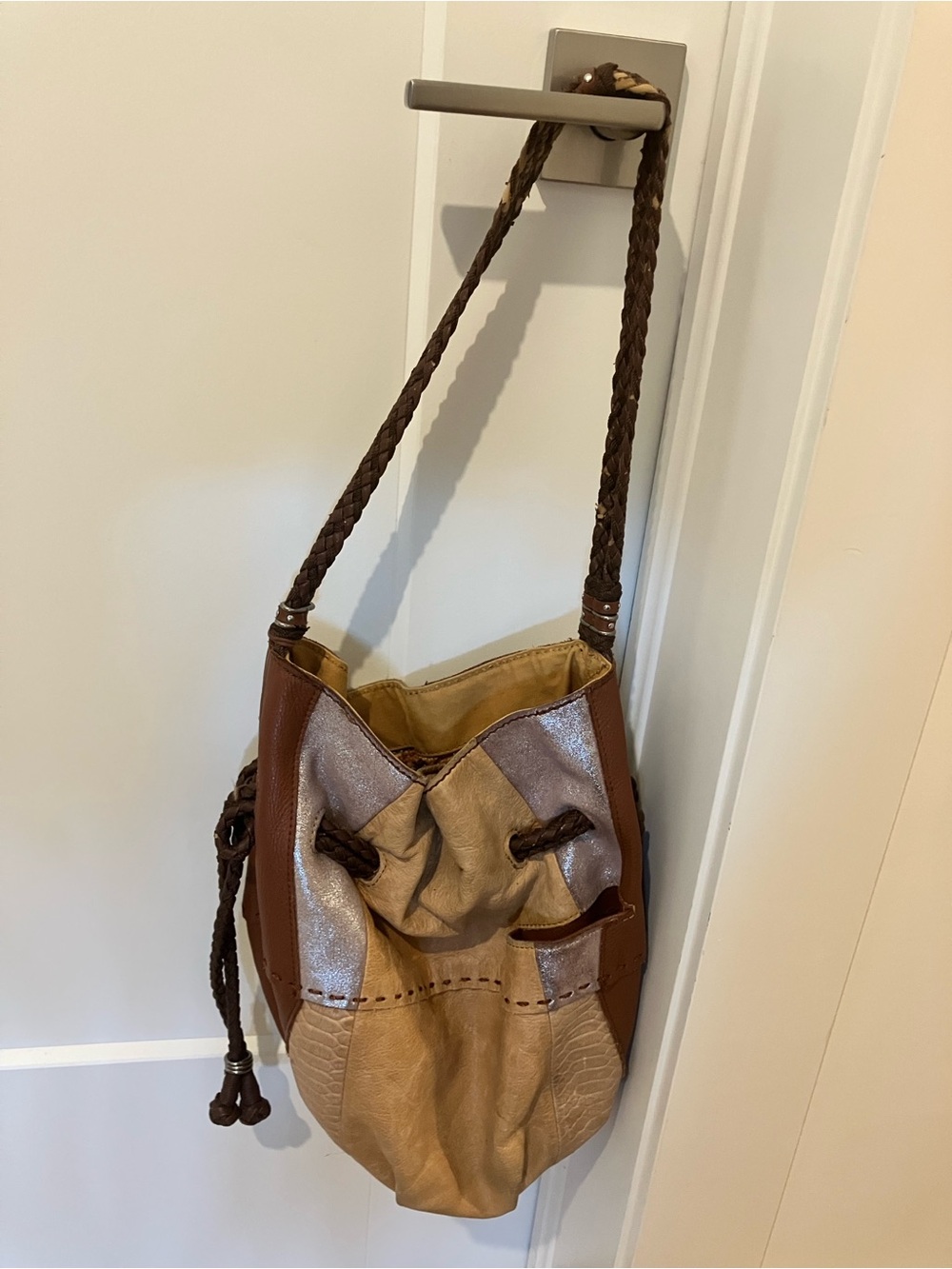 The Sak Indio Brown and Beige Leather Bucket Hobo Bag, Braided Strap